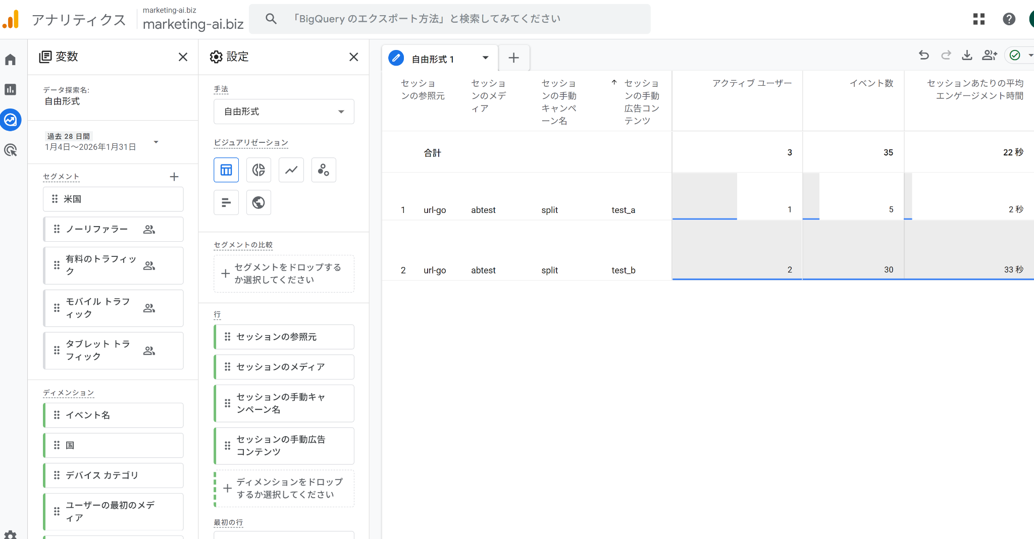 GA4 探索（自由形式）でA/Bを並べて比較